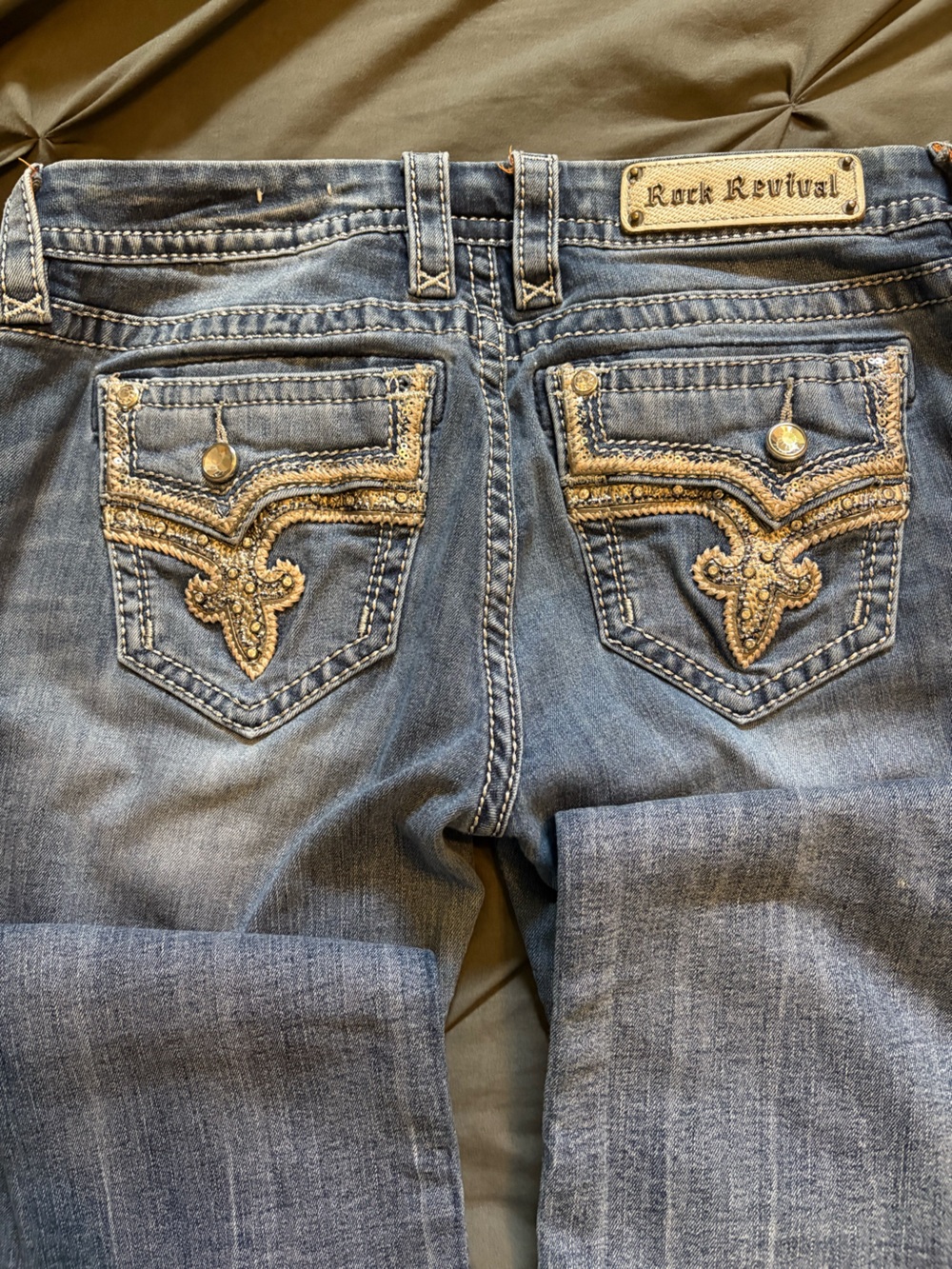 Rock Revival Women's Straight Leg Jeans in Washed Blue with Gold Embroidery